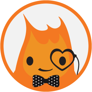 Flame charater (Burnard) with a heart monocle and polka dot bowtie (a.k.a. Lauren Egan)